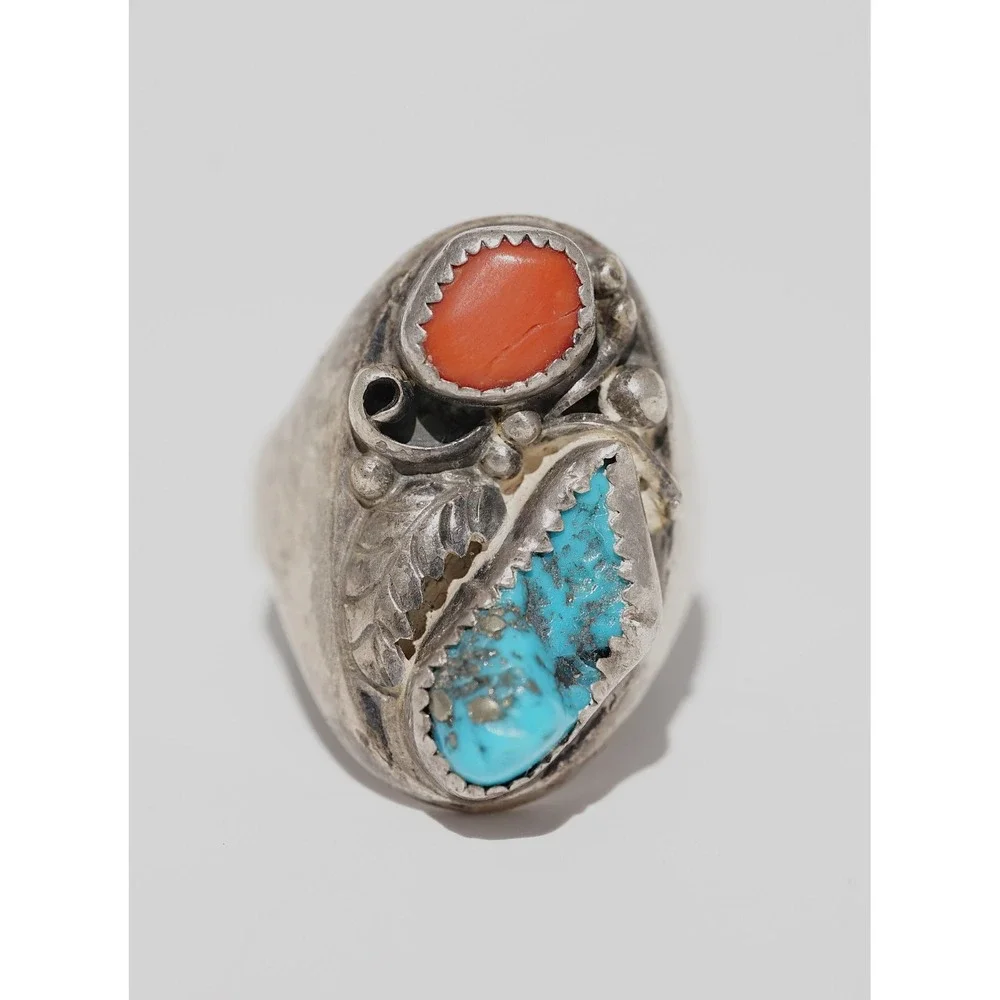 Old Pawn‎ Navajo Native American Indian Sterling Silver Coral Turqiouse Ring